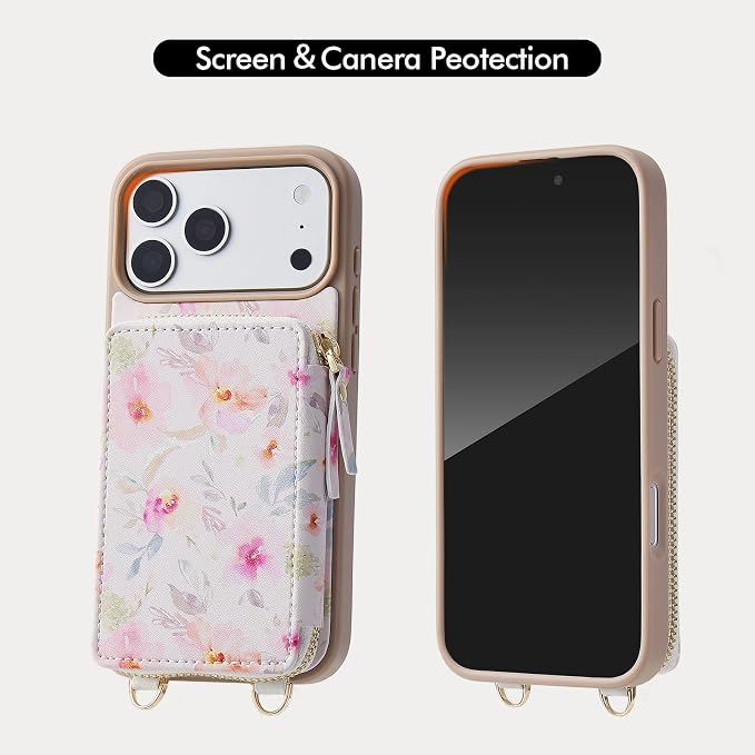 ZVE for iPhone 17 Pro Max Wallet Case Crossbody, Zipper Phone Cover with Chain Wrist Strap RFID Blocking for 6.9" Flower