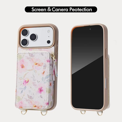 ZVE for iPhone 17 Pro Wallet Case Crossbody, Zipper Phone Cover with Chain Wrist Strap RFID Blocking for 6.3" Flower
