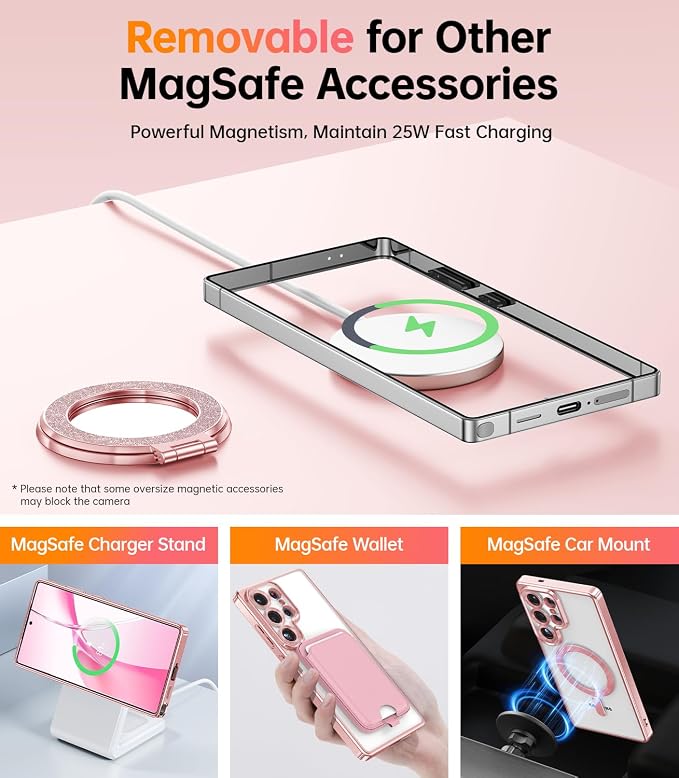 Meifigno Magnetic Case with Removable Phone Ring Stand for Samsung Galaxy S25 Ultra, [Glitter Card & Wrist Strap] [MagSafe Compatible] [Built in Mirror] Phone Ring Stand + Phone Case Kit, Rose Gold