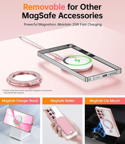 Meifigno Magnetic Case with Removable Phone Ring Stand for Samsung Galaxy S25 Ultra, [Glitter Card & Wrist Strap] [MagSafe Compatible] [Built in Mirror] Phone Ring Stand + Phone Case Kit, Rose Gold