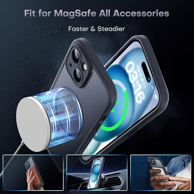 TOCOL for iPhone 15 Case, Compatible with Magsafe, Full Camera Protection, Built-in Magnetic Ring, Drop Protection, Translucent Matte Phone Case for iPhone 15 6.1 inch (Black)