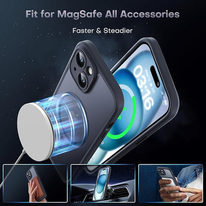 TOCOL for iPhone 15 Case, Compatible with Magsafe, Full Camera Protection, Built-in Magnetic Ring, Drop Protection, Translucent Matte Phone Case for iPhone 15 6.1 inch (Black)