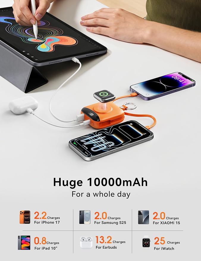 Portable Charger Power Bank, 10000mAh Fast Charging Power Bank with Built-in Cables, Travel Keychain Battery Pack with LED Display for iPhone Samsung Android iPad iWatch Charger 11/10/9/8/Ultra,Orange