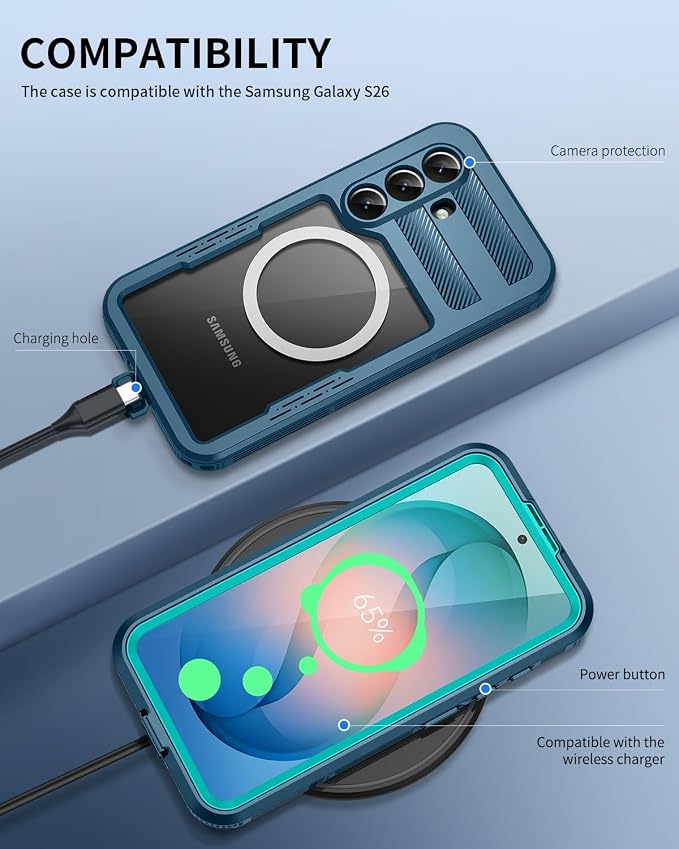 Lanhiem Magnetic for Samsung Galaxy S26 Case, IP68 Waterproof Dustproof Case, [Compatible with Magsafe] [Built-in Screen Protector] Full Body Heavy Duty Rugged Phone Cover 6.3 inch, Blue