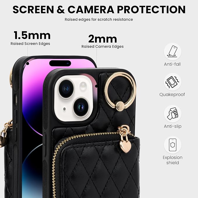 Keallce Case for iPhone 15 6.1'' Wallet Case, Crossbody Zipper Purse with Wrist Strap Lanyard Handbag for Women, RFID Blocking Card Holders, 360° Ring Kickstand Flip Leather Cover for iPhone 15, Black
