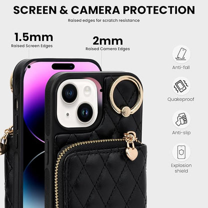 Keallce Case for iPhone 15 6.1'' Wallet Case, Crossbody Zipper Purse with Wrist Strap Lanyard Handbag for Women, RFID Blocking Card Holders, 360° Ring Kickstand Flip Leather Cover for iPhone 15, Black