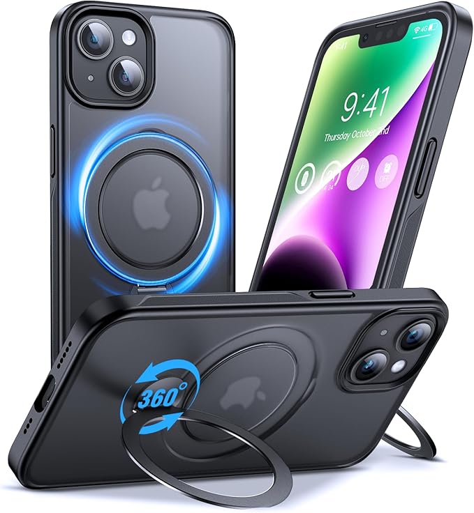 Anqrp 360° All-in-ONE Stand Case for iPhone 14/13 Case with Rotatable Magnetic Kickstand Ring Holder, Compatible with MagSafe, MIL-Grade Shockproof iPhone 14/13 Phone Case Cover 6.1" Black