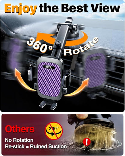 HTU 2026 Ultimate Best【True Military-Grade & Safety Cert】Car Phone Holder【Upgraded 360 Rotation & 100+LBS Strongest Suction】5-in-1 Truck Windshield Dashboard Vent Mount Stand for iPhone Android,Purple