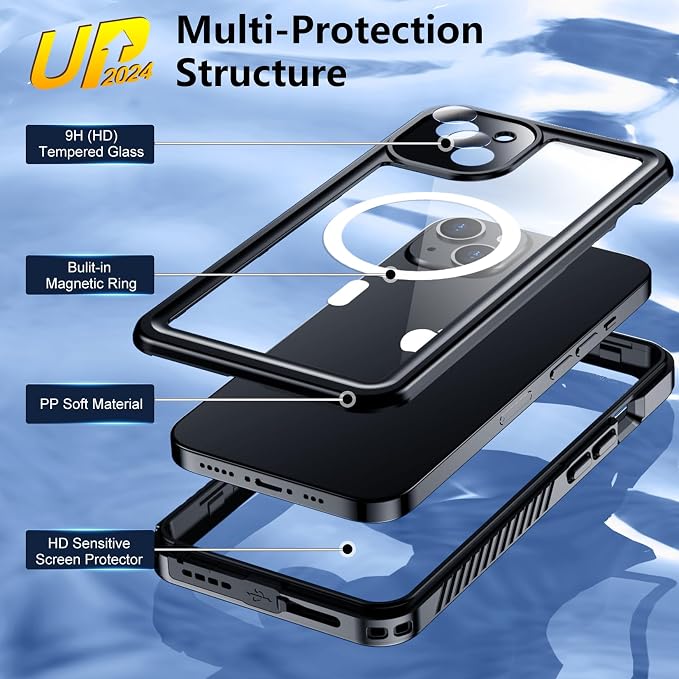 Temdan Magnetic for iPhone 13 Case Waterproof, Built-in Screen Protector[IP68 Underwater][Compatible with MagSafe][Full Body Shockproof][Military Dropproof] Protective Case for iPhone 13-Black/Clear