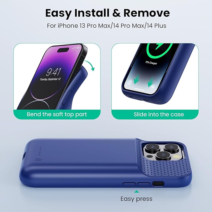Battery Case for iPhone 14Plus/14Pro Max/13Pro Max,Powerful 8600mAh Portable Protective Charging Case,Rechargeable Extended Battery Charger Case for iPhone 13Pro Max/14Plus/14Pro Max(6.7 Inch),Blue
