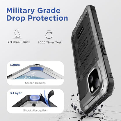 Mitywah Waterproof Case for iPhone 15, Heavy Duty Shockproof Case with Built-in Screen Protector, Full Body Underwater Protective Metal Case 6.1 inch, Silver