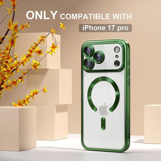 Misea Magnetic for iPhone 17 Pro Case Compatible with MagSafe [Never Yellowing] [Military Grade Drop Protection] Full Camera Lens Protector Plating Soft Clear Phone Case for Women, Green