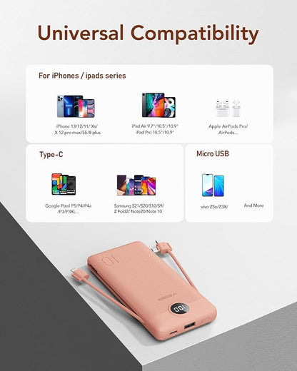 VEGER Portable Charger with Built-in AC Plug and Cables, All in One 10000mAh Ultra Slim Power Bank Travel Essentials, Fast Charging Battery Pack Compatible with iPhone, Samsung, More(Dark Pink)