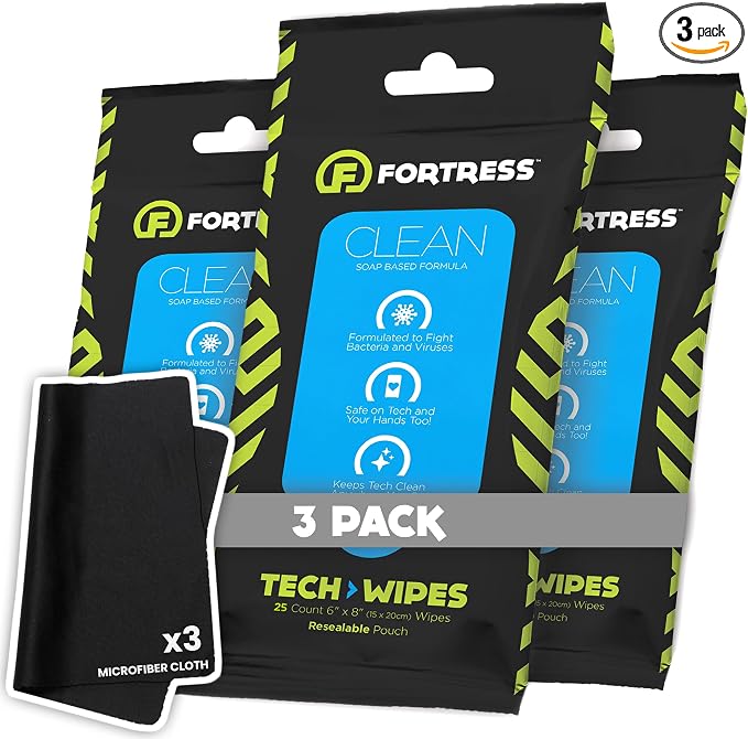 Fortress Electronic Wipes With Microfiber Cloth (25 ct, Pack of 3) To-Go Tech Wipes for Screens, Phones, Keyboards, TV Monitors, Computer Screens, and More [Travel Size] Skin-Safe