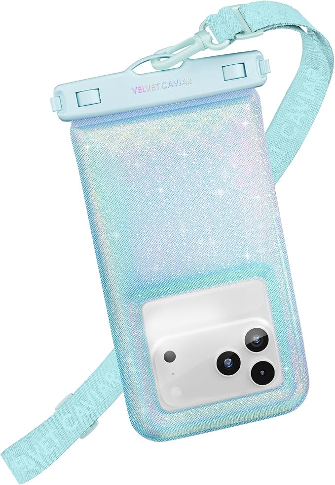 VELVET CAVIAR Waterproof Phone Pouch with Lanyard | IP68 Floating Case for iPhone & All Phones | Dry Bag for Snorkeling, Beach, Kayaking | Travel & Cruise Essentials for Women (Blue Mermaid Glitter)