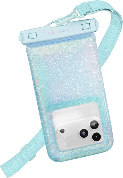 VELVET CAVIAR Waterproof Phone Pouch with Lanyard | IP68 Floating Case for iPhone & All Phones | Dry Bag for Snorkeling, Beach, Kayaking | Travel & Cruise Essentials for Women (Blue Mermaid Glitter)