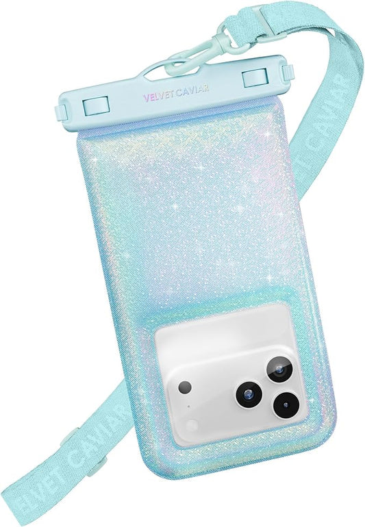 VELVET CAVIAR Waterproof Phone Pouch with Lanyard | IP68 Floating Case for iPhone & All Phones | Dry Bag for Snorkeling, Beach, Kayaking | Travel & Cruise Essentials for Women (Blue Mermaid Glitter)