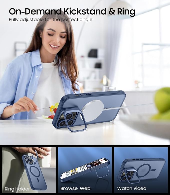 for iPhone 14 Pro Max Case, Compatible with MagSafe, Built-in Camera Ring Stand, with Individual Camera Cover, Translucent Matte Military-Grade Drop Protection Magnetic Case, Blue