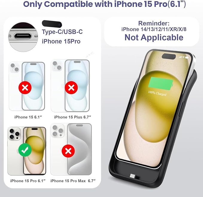 Feob Battery Case for iPhone 15 Pro, [2025 Upgraded] 7500mAh Portable Charging Case Rechargeable Protective Ultra-Slim Charger case Only for iPhone 15Pro (6.1 Inch), Black