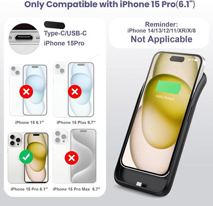 Feob Battery Case for iPhone 15 Pro, [2025 Upgraded] 7500mAh Portable Charging Case Rechargeable Protective Ultra-Slim Charger case Only for iPhone 15Pro (6.1 Inch), Black