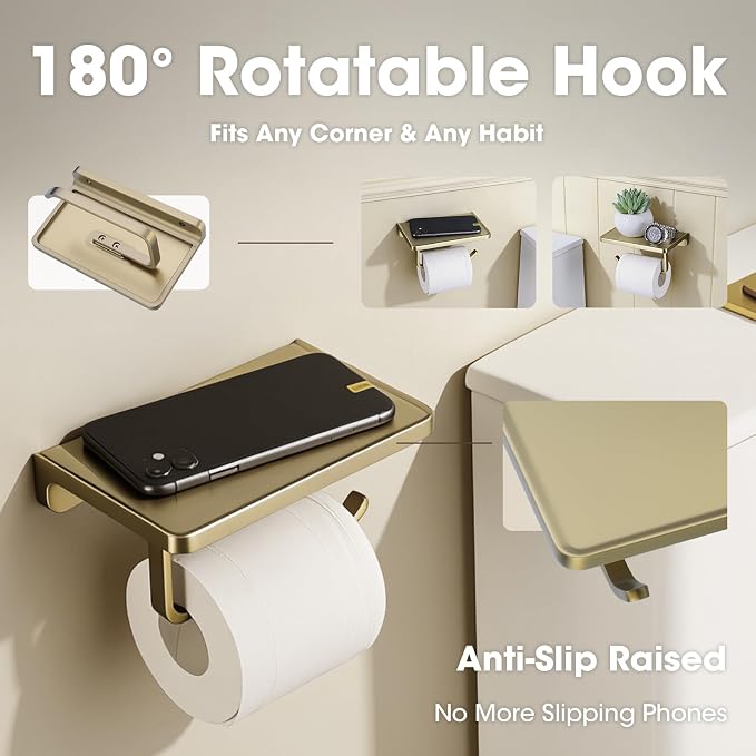 TRUSTMI Toilet Paper Holder with Phone Shelf, Bathroom Accessories Tissue Roll Dispenser Storage Wall Mounted, Brushed Gold