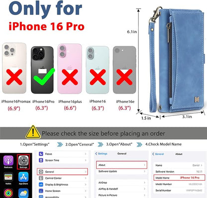 Wallet Case for iPhone 16 Pro with Card Holder/Crossbody Wallet/Strap| RFID Blocking | Magnetic | Kickstand | Detachable | PU Leather Phone Case for iPhone 16 Pro,6.3 in,Sky Blue