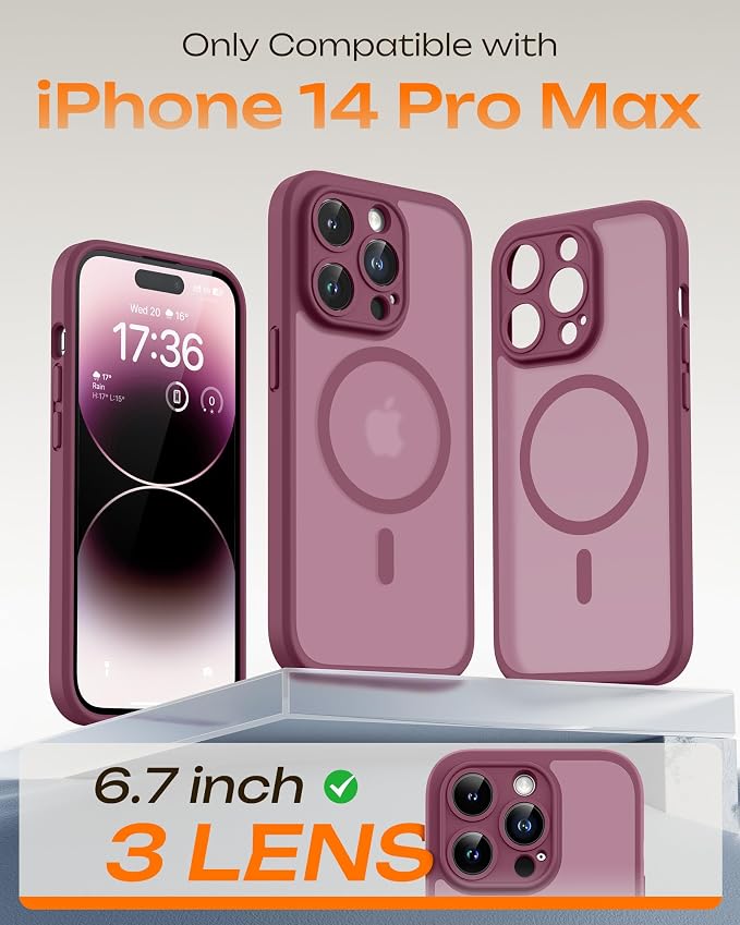 TOCOL for Phone 14 Pro Max Case, Compatible with Magsafe Charger, Full Camera Protection, Drop Protection, Translucent Matte Phone Case for iPhone 14 Pro Max 6.7 inch (Plum)