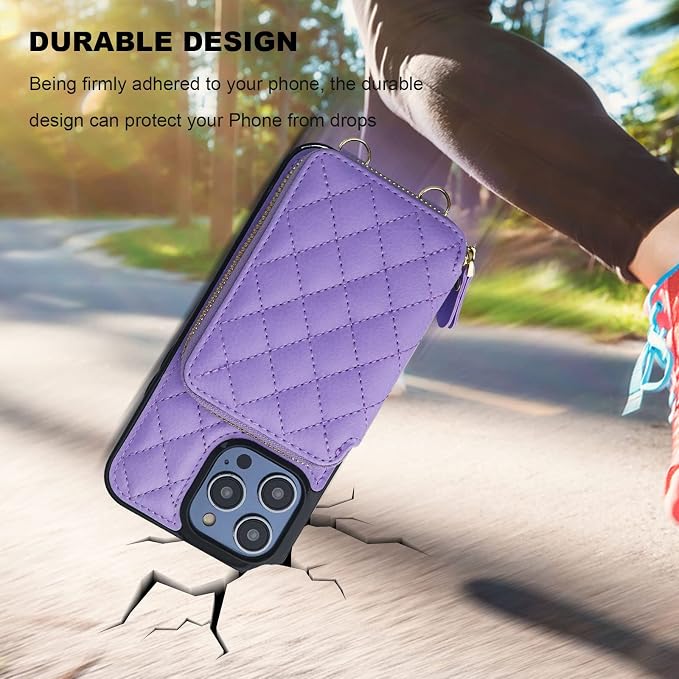 Bocasal Crossbody Wallet Case for iPhone 14 Pro Max, RFID Blocking PU Leather Zipper Handbag Purse Flip Cover, Kickstand Folio Case with Card Slots Holder Wrist Strap Lanyard 5G 6.7 Inch (Purple)