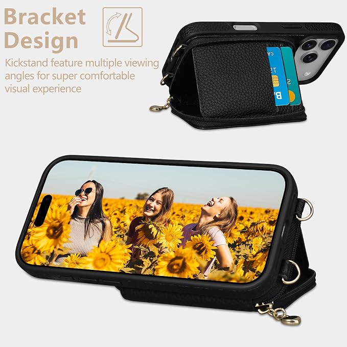 Keallce Case for iPhone 17 Pro 6.3'' Case Wallet, Crossbody Zipper Purse with RFID Blocking Card Slots Kickstand, Lanyard & Handstrap Flip Folio Leather Phone Cover for iPhone 17 Pro, Black