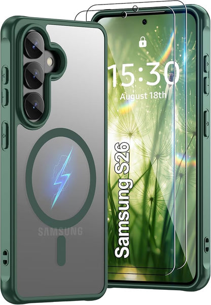 Pilaru for Samsung Galaxy S26 Case [Compatible with Magsafe] Translucent Matte Magnetic Phone Case,Slim Thin Duty Shockproof Protection Cover with 2pc HD Screen Protector for S26-Green