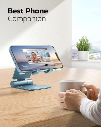 Nulaxy Dual Folding Cell Phone Stand, Fully Adjustable Foldable Desktop Phone Holder Cradle Dock Compatible with iPhone 17 16 15 14 13 12 11 Pro Max Xs Xr X 8, Nintendo Switch, All Phones - Blue