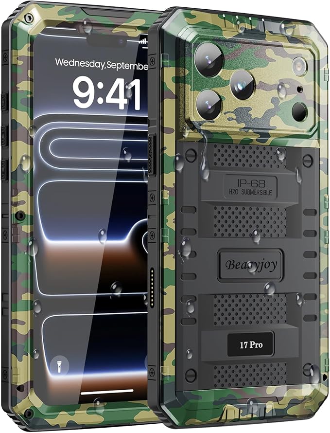 Beasyjoy for iPhone 17 Pro Case Waterproof, Heavy Duty Metal Full Body Protection, Built-in Screen Protector, Military Grade Shockproof Dustproof Rugged Cover for iPhone 17 Pro 6.3", Camo