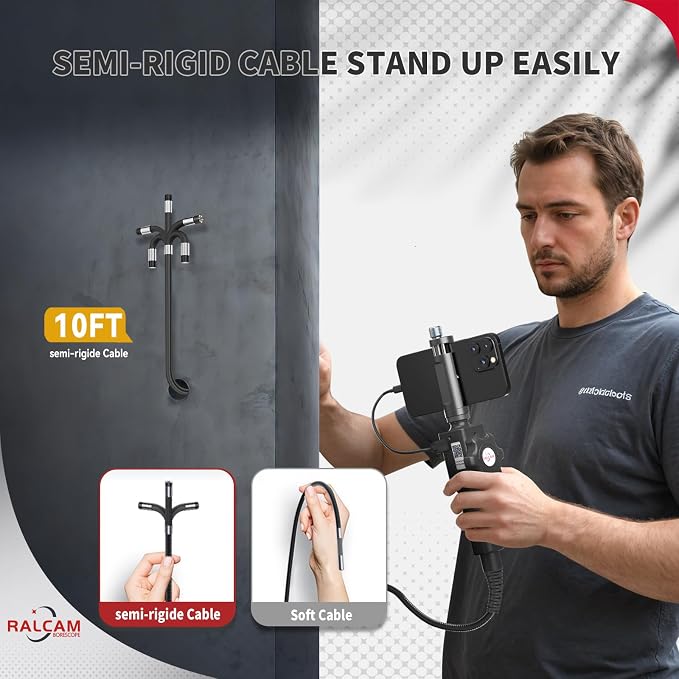 Ralcam Articulating Borescope, Industrial Endoscope Inspection Camera for Android and iOS Smartphone, 8.5mm HD 1080P with 10FT Semi Rigid Cable