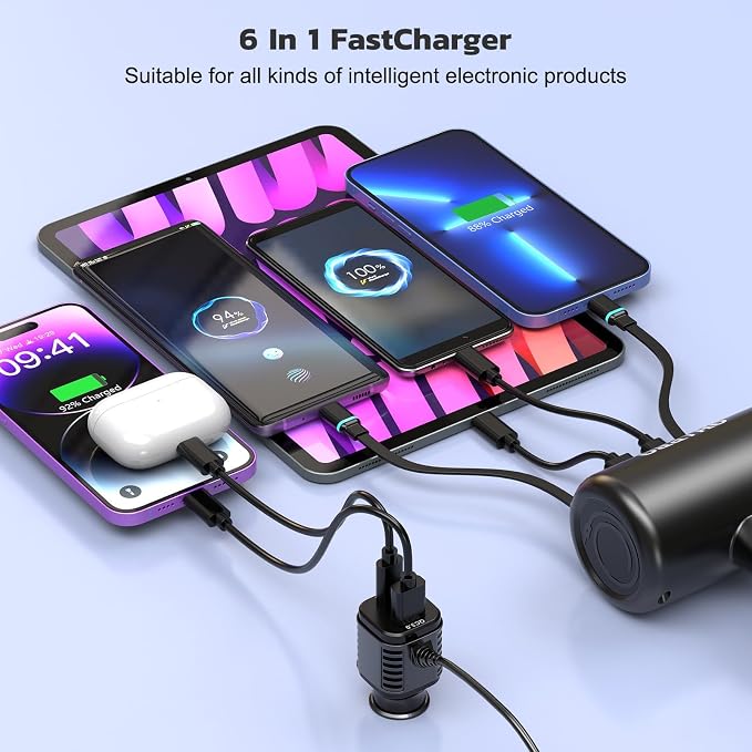 OHLPRO Car Back Seat Charger with Retractable Cables, Headrest Mount Phone Tablet Charger with USB-C PD30W & iOS PD20W Wires, 4-Port Adapter for Taxi Rideshare, with Cigarette Lighter Plug