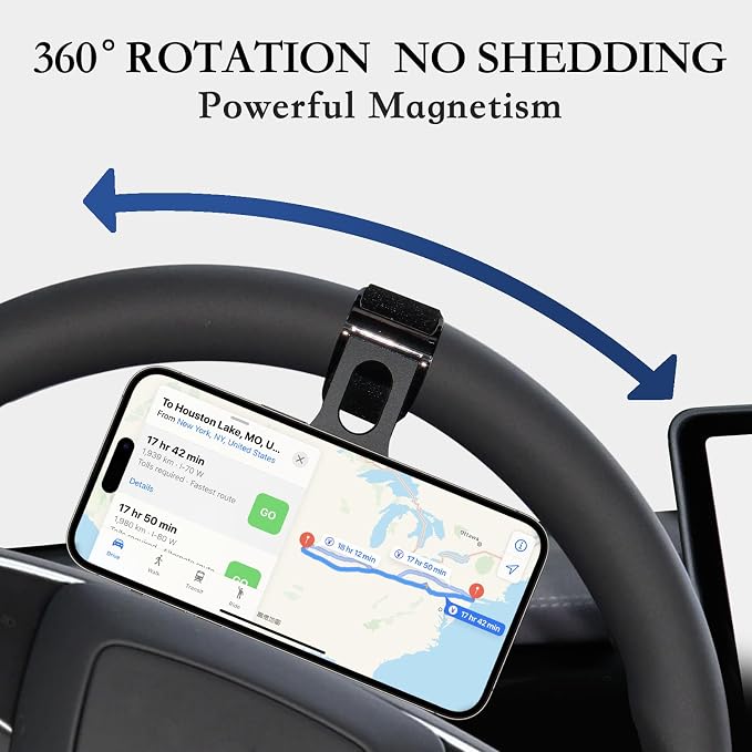 Magnetic Phone Holder for Tesla, Steering Wheel Phone Mount for MagSafe Car Holder, Work on iPhone,Samsung and All Phones, Magnetic Ring Included (Black)