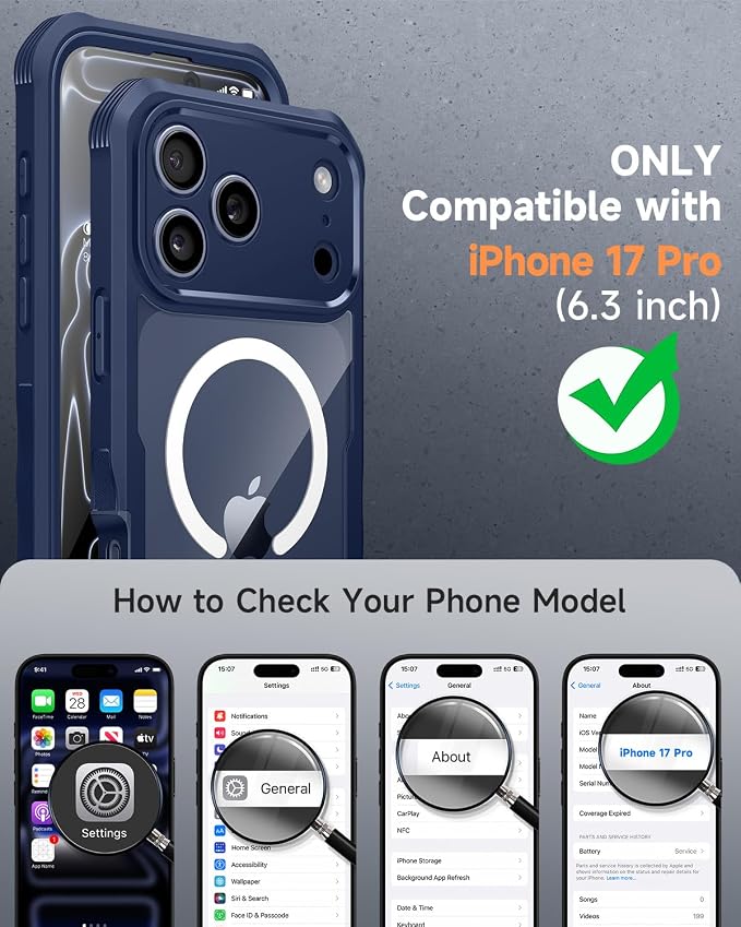 seacosmo for iPhone 17 Pro Case, Full Body Bumper with Built-in Tempered Glass Screen Protector and Camera Lens Protection, Compatible with MagSafe, Shockproof 17 Pro Phone Case, 6.9", Deep Blue