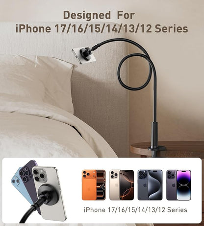 Magnetic Gooseneck Phone Holder Mount for iPhone 17/16/15/14/13/12 - Magnetic Stand Tabletop Clamp 360°Rotation Adjustable for Office/Home Compatible with iPhone 17 16 15 14 13 12 Mini Plus Pro Max