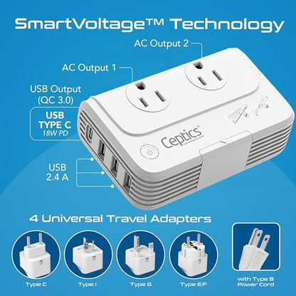Ceptics 200W Voltage Converter – 220V to 110V Converter for Curling Iron & Straightener, Step Down Converter with USB-C PD 18W, Type C E/F G I Plugs