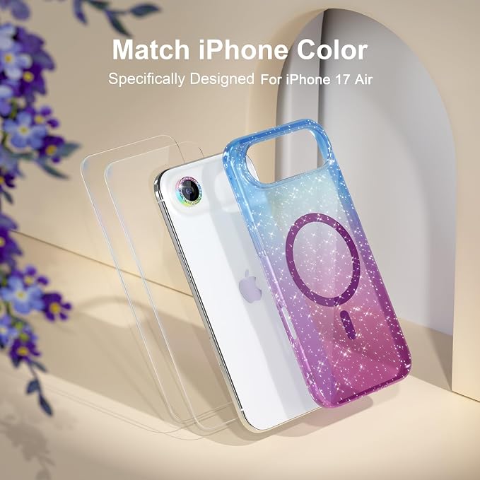 Choiche Magnetic for iPhone 17 Air Case Compatible with MagSafe, Women Cute Glitter Sparkly Phone Case with Diamond Camera Lens Protectors, Military-Grade Drop Protection 6.5" (Blue/Purple)