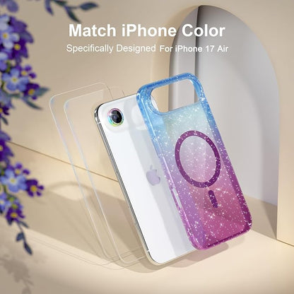 Choiche Magnetic for iPhone 17 Air Case Compatible with MagSafe, Women Cute Glitter Sparkly Phone Case with Diamond Camera Lens Protectors, Military-Grade Drop Protection 6.5" (Blue/Purple)
