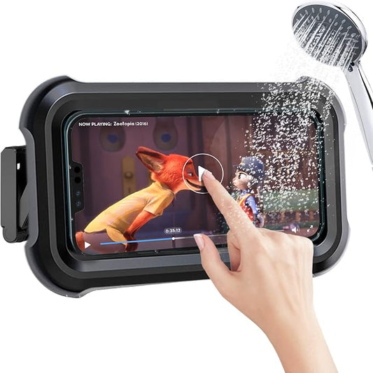 Upgraded 480° Rotating Shower Phone Holder Waterproof Case with Touch Screen,OOLYICO Shower Accessories Guardian Buddy Phone Holder Wall Mount Shelf in Bathroom Bathtub for 4" - 7" Cell Phone -Black
