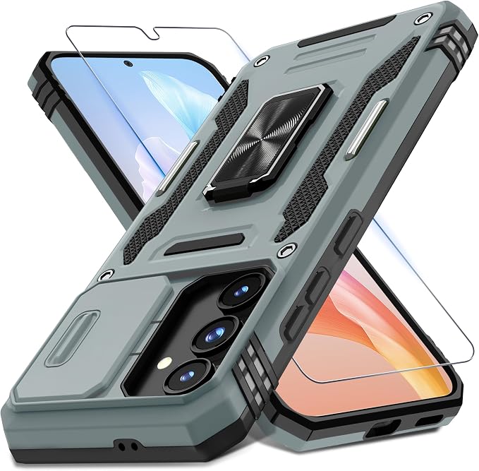 DEERLAMN Case for Samsung Galaxy S24 FE 6.7-Inch with Slide Camera Cover+Screen Protector(1 Pack), Rotated Ring Kickstand Military Grade Shockproof Protective Cover-Grey