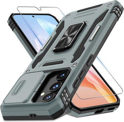 DEERLAMN Case for Samsung Galaxy S24 FE 6.7-Inch with Slide Camera Cover+Screen Protector(1 Pack), Rotated Ring Kickstand Military Grade Shockproof Protective Cover-Grey