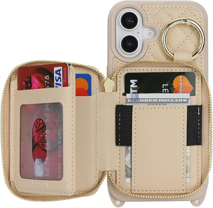 Crossbody Wallet Case for iPhone 17, PU Leather Zipper Handbag Purse Flip Cover, Kickstand Folio Case with Card Slots Holder Wrist Strap Lanyard 5G 6.3 Inch-White
