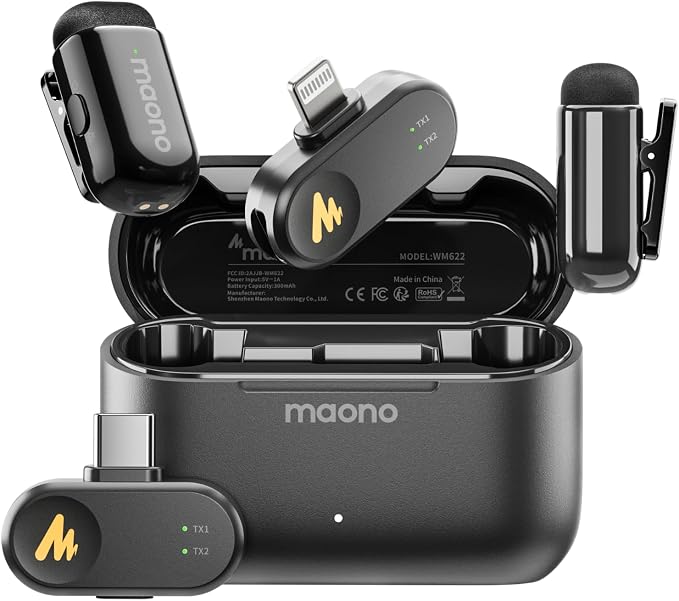 MAONO Wave T1 Mini Wireless Lavalier Microphone for iPhone Android Phone PC, AI Noise Cancellation, 328ft Range, Voice Filter, 30H Battery, Clip Lapel Mic for Video Record Vlogging Content Creator