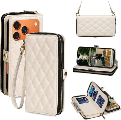 Rssviss Crossbody Case for iPhone 17 Pro Case Wallet, RFID Blocking Leather with Card Holder Kickstand, Handbag Zipper Flip Cover with Wrist Strap for iPhone 17 Pro Men Women 6.3", White
