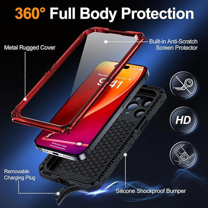 Mitywah Wateproof Case for iPhone 15 Pro Max, Heavy Duty Metal Cover for Surfing and Beach Trip, Military Grade Shockproof Full Body Phone Case with Built-in Screen Protector, 6.7", Red
