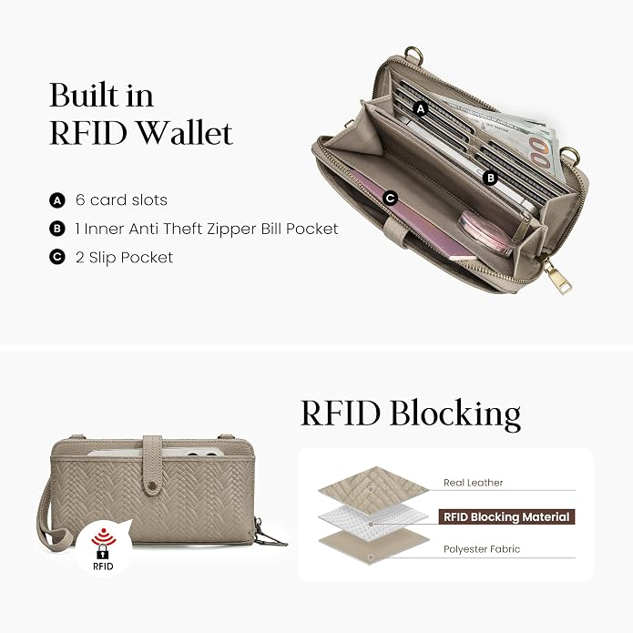 befen Leather Wristlet Wallet for Women Cell Phone Purse with Built in Wallet Vintage Leather Crossdody Bag Clutch Purse