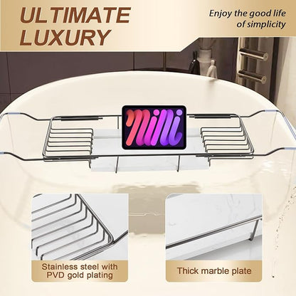 BVL Bathtub Tray Stainless Steel with Marble Base Gun Gray Bathtub Tray with White Marble Base Adjustable & Rustproof Bath Caddy for Spa, Relaxation, Bath Bombs