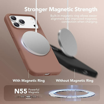 GONEZ Magnetic for iPhone 17 Pro Max Case, Compatible with MagSafe, [Screen Protector + Camera Lens Protector], Liquid Silicone Anti-Scratch Shockproof Protective Phone Case 6.9 inch, Brown